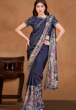 Pre Stitched Satin Silk Saree in Navy Blue