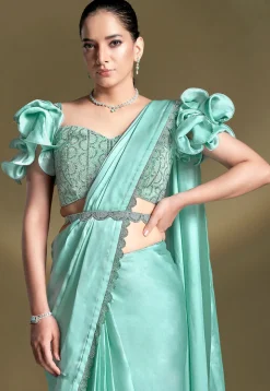 Pre Stitched Satin Silk Scalloped Saree in Sea Green