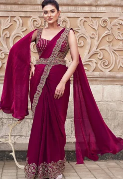 Pre Stitched Satin Silk Scalloped Saree in Magenta