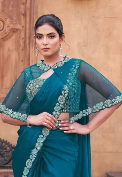 Pre Stitched Satin Silk Saree in Teal Blue