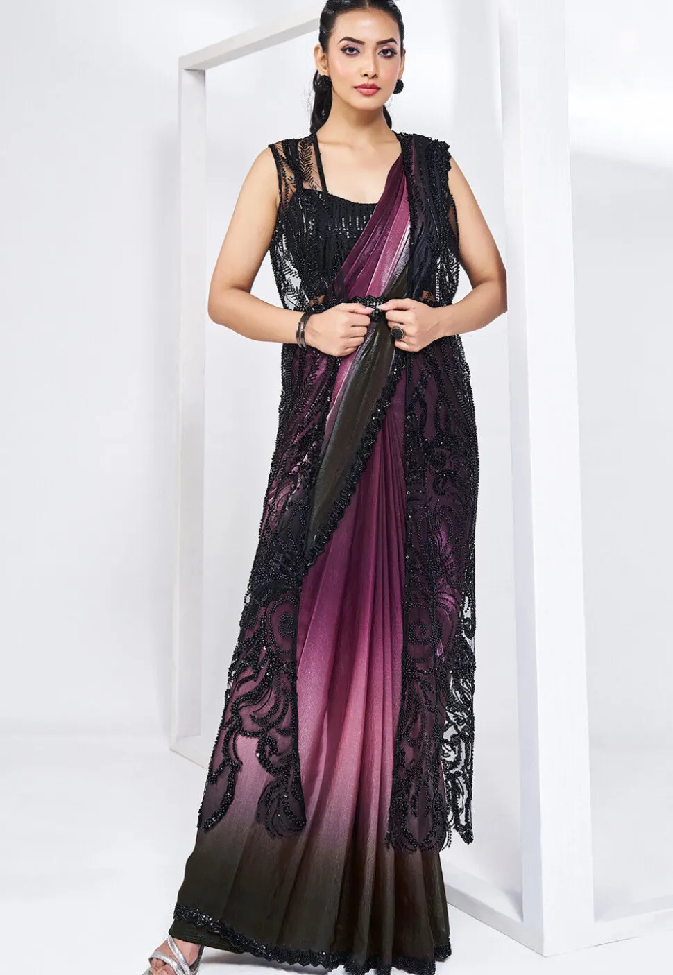 Pre Stitched Satin Silk Saree in Wine and Black