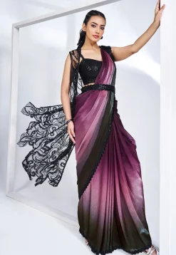 Pre Stitched Satin Silk Saree in Wine and Black