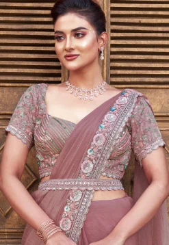 Pre Stitched Satin Silk Scalloped Saree in Peach