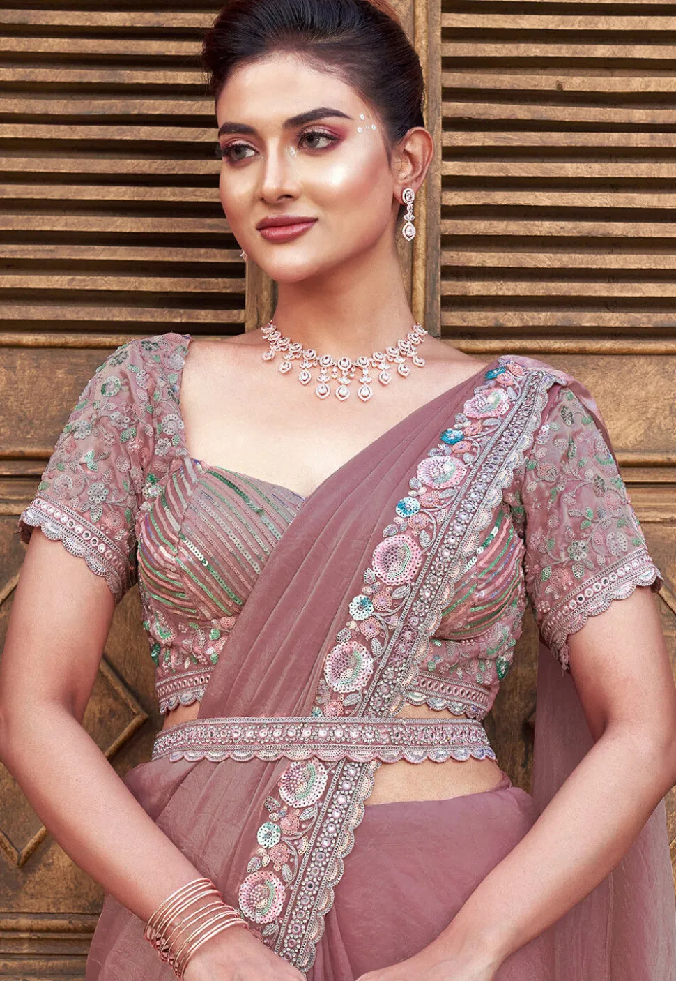 Pre Stitched Satin Silk Scalloped Saree in Peach