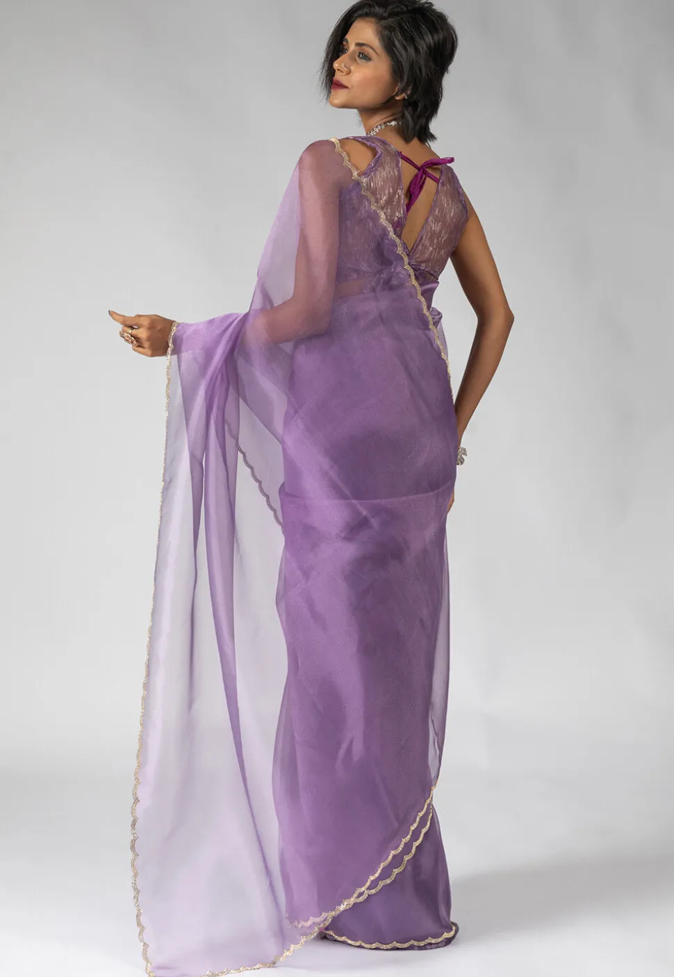 Pre Stitched Tissue Silk Saree in Purple