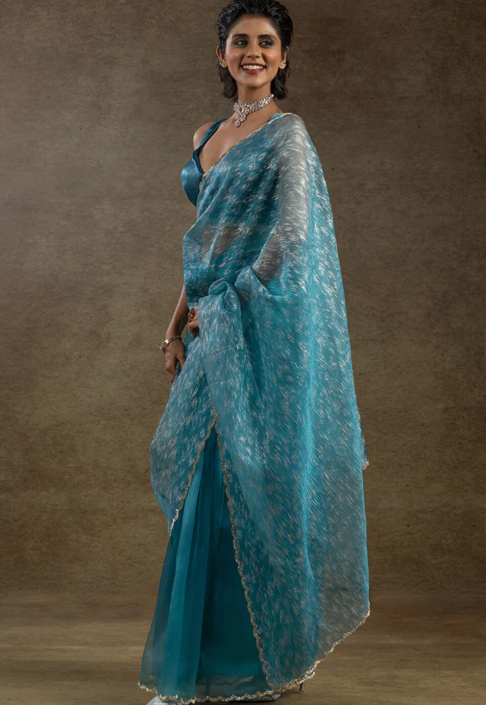 Pre Stitched Tissue Silk Saree in Light Blue