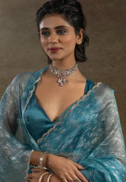 Pre Stitched Tissue Silk Saree in Light Blue