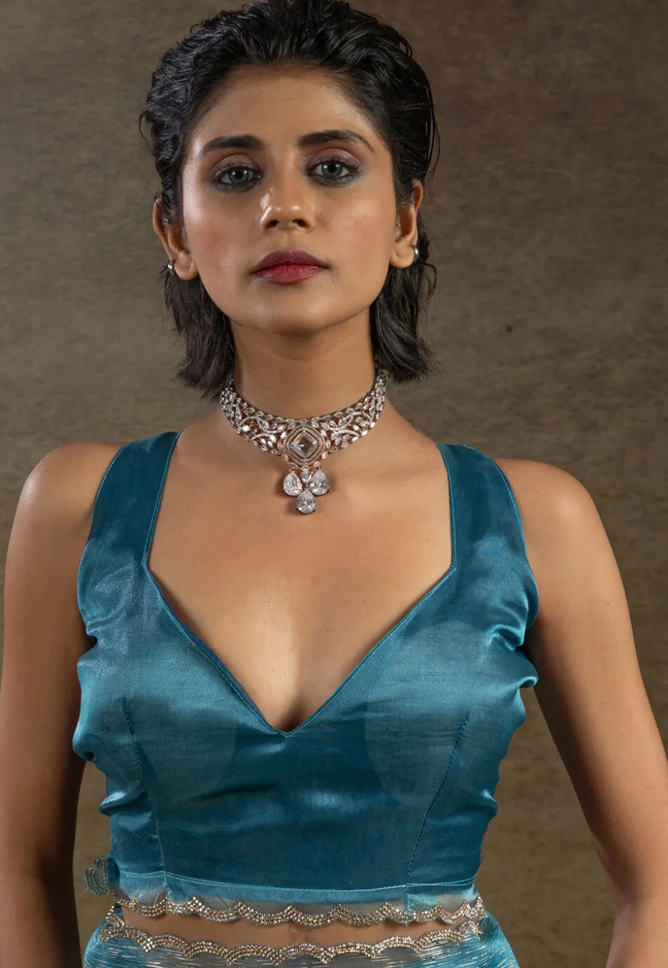 Pre Stitched Tissue Silk Saree in Light Blue