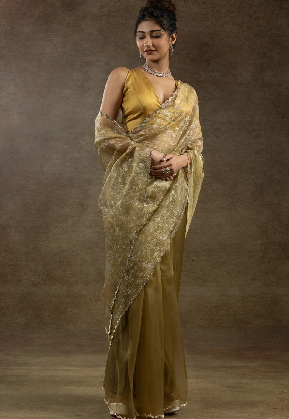Pre Stitched Tissue Silk Saree in Mustard