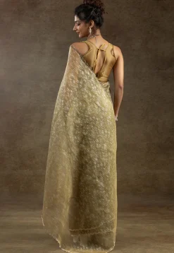 Pre Stitched Tissue Silk Saree in Mustard