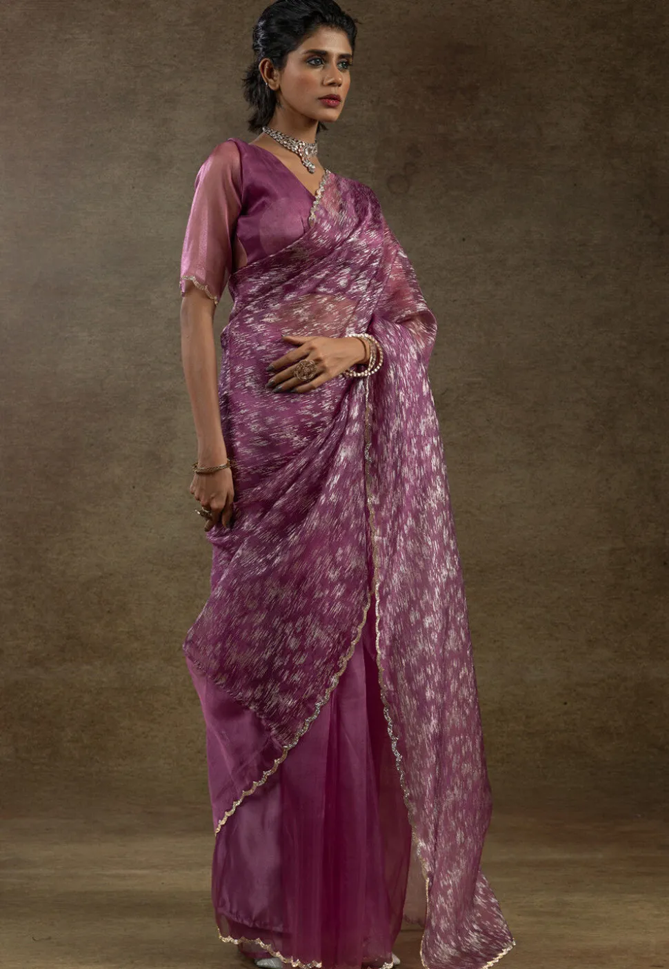 Pre Stitched Tissue Silk Saree in Purple