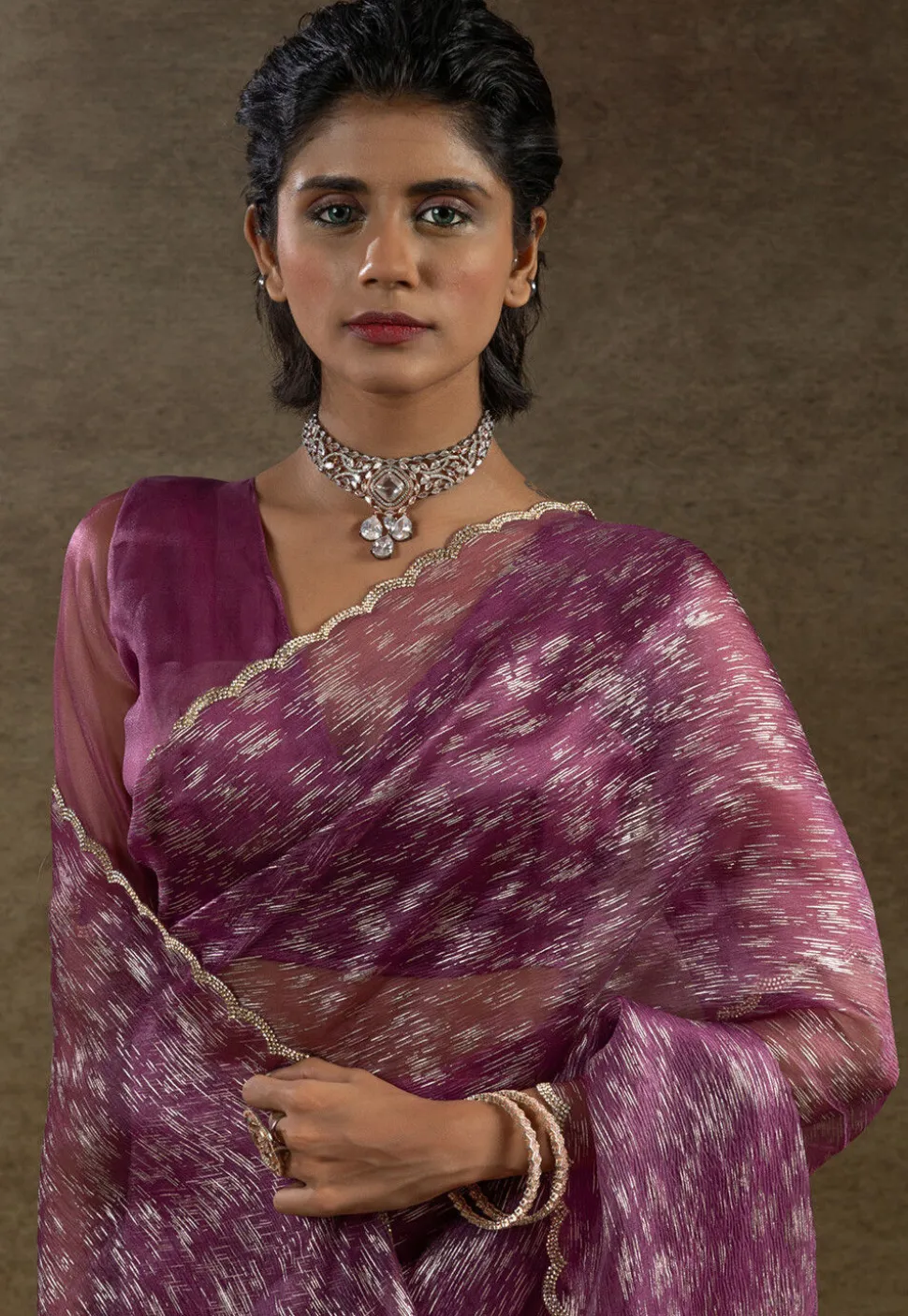 Pre Stitched Tissue Silk Saree in Purple