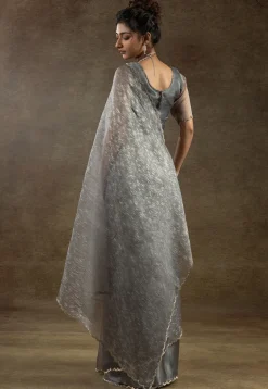 Pre Stitched Tissue Silk Saree in Grey