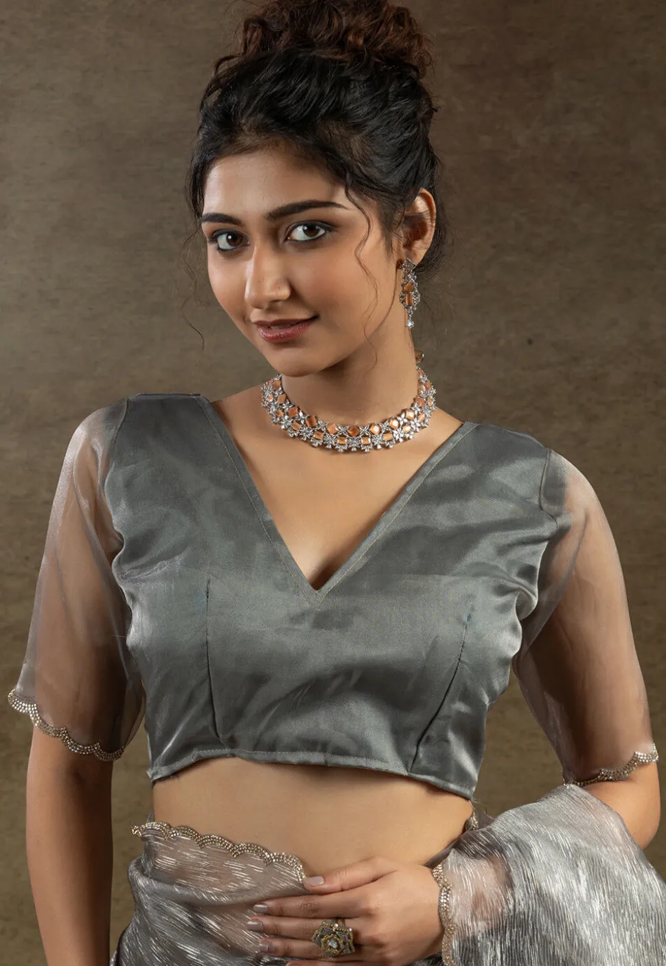 Pre Stitched Tissue Silk Saree in Grey