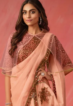Pre Stitched Tissue Silk Saree in Peach