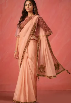 Pre Stitched Tissue Silk Saree in Peach