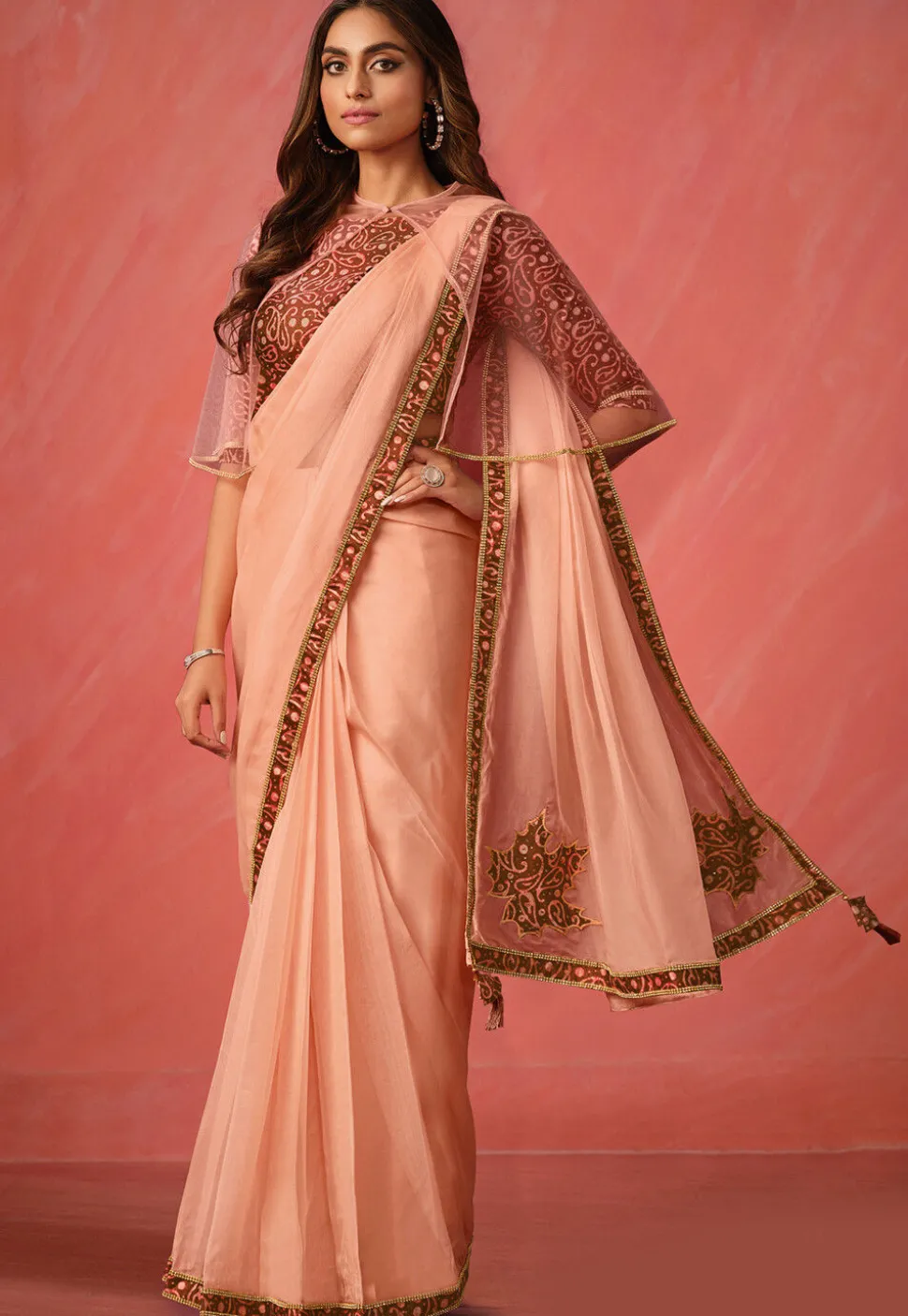Pre Stitched Tissue Silk Saree in Peach