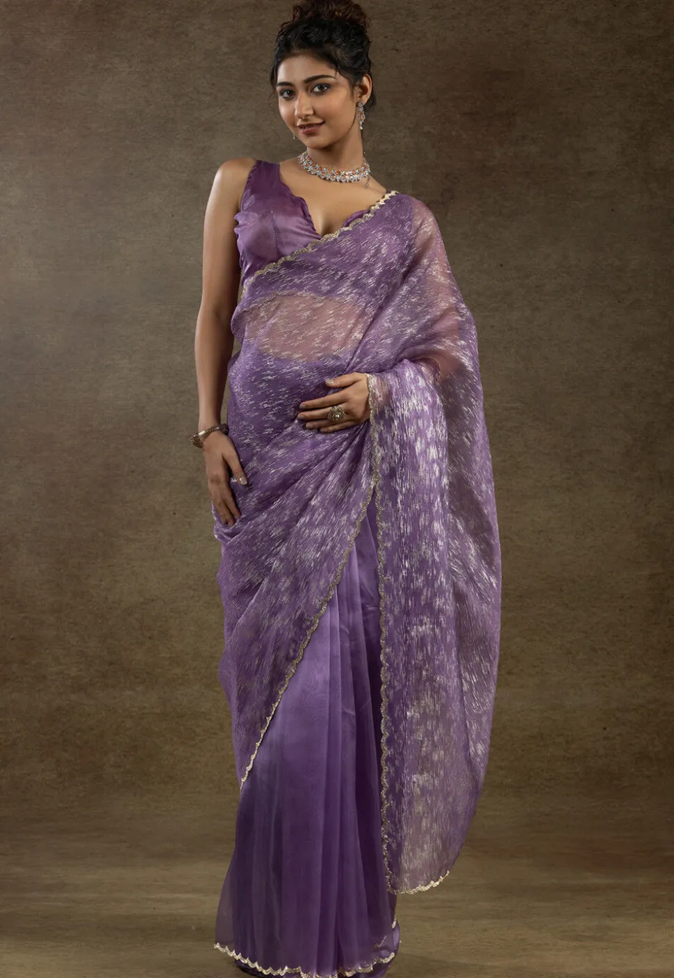 Pre Stitched Tissue Silk Saree in Purple