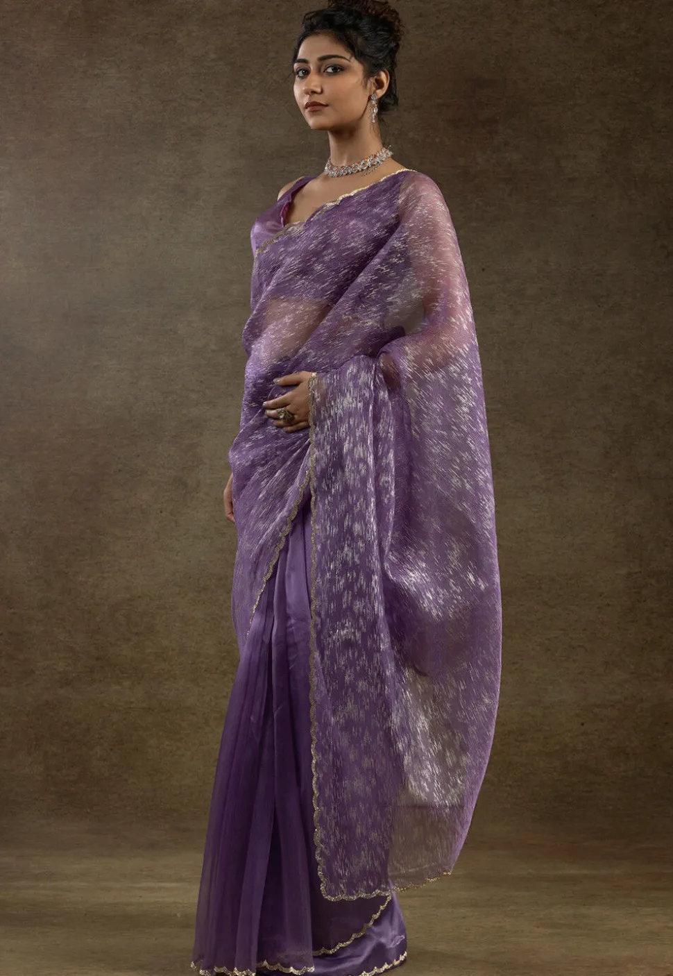Pre Stitched Tissue Silk Saree in Purple