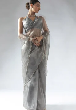 Pre Stitched Tissue Silk Saree in Grey