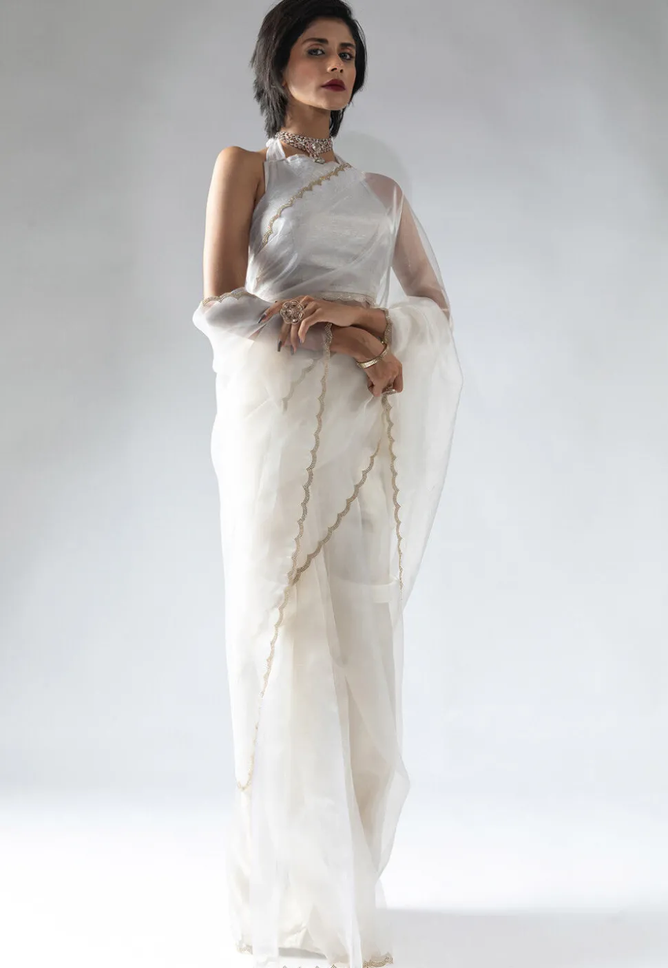 Pre Stitched Tissue Silk Saree in Off White