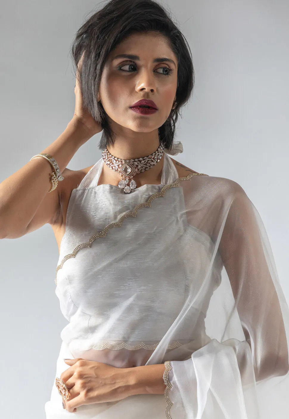 Pre Stitched Tissue Silk Saree in Off White