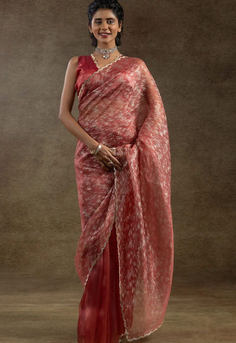 Pre Stitched Tissue Silk Saree in Peach