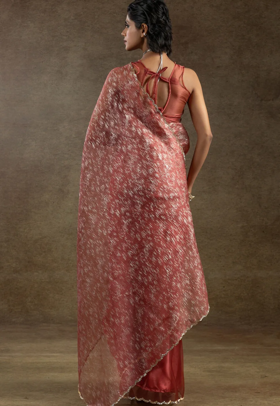 Pre Stitched Tissue Silk Saree in Peach