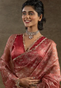 Pre Stitched Tissue Silk Saree in Peach