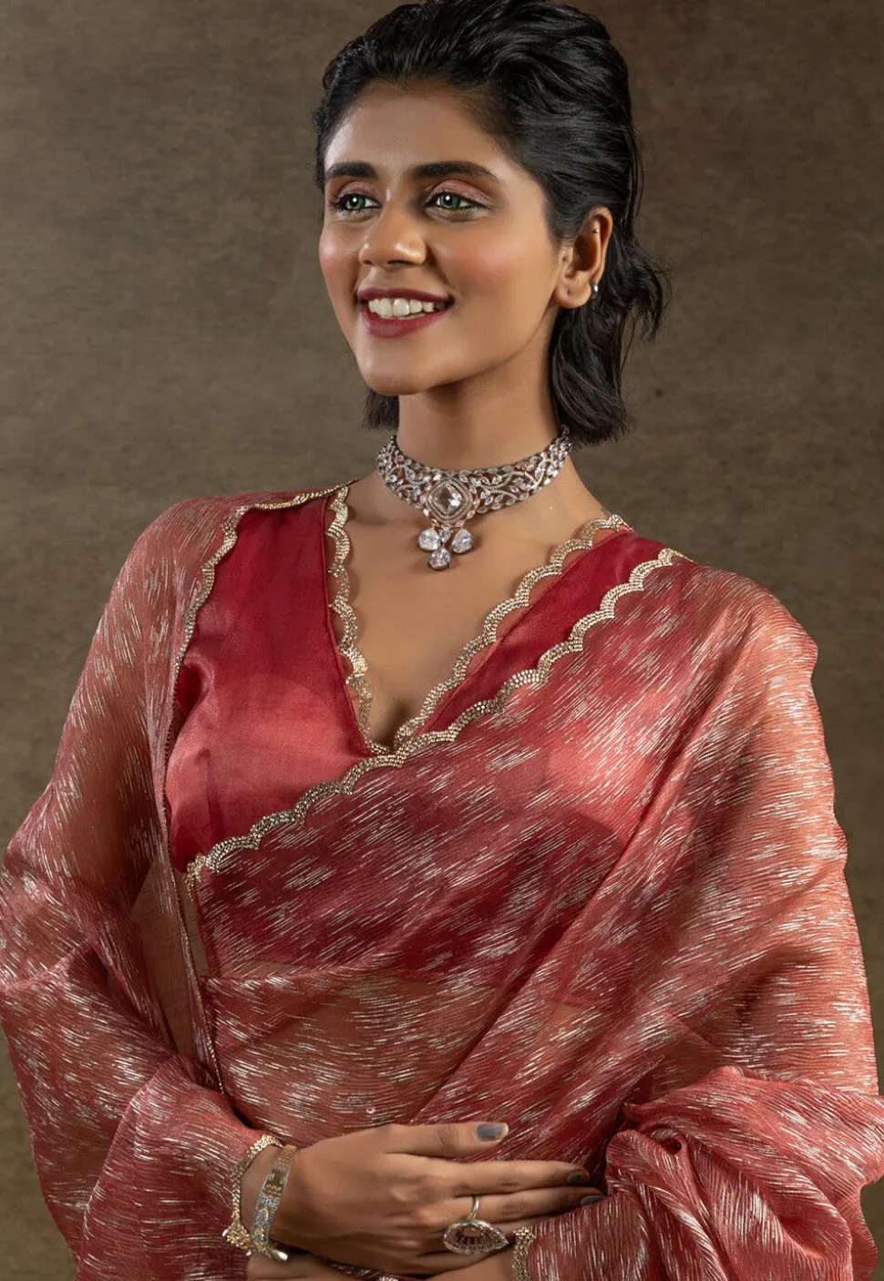 Pre Stitched Tissue Silk Saree in Peach