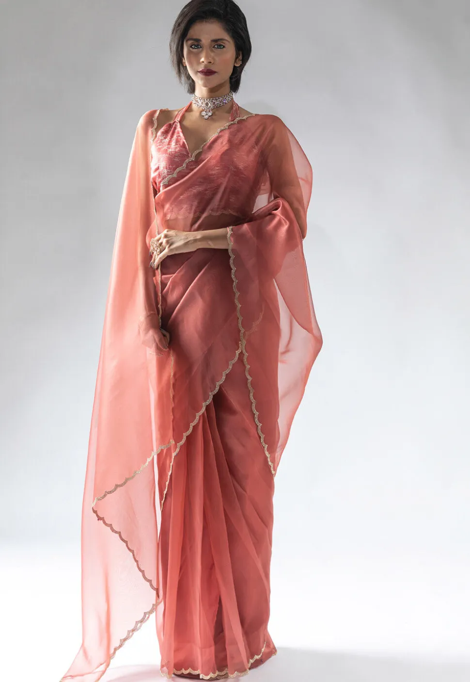 Pre Stitched Tissue Silk Saree in Peach