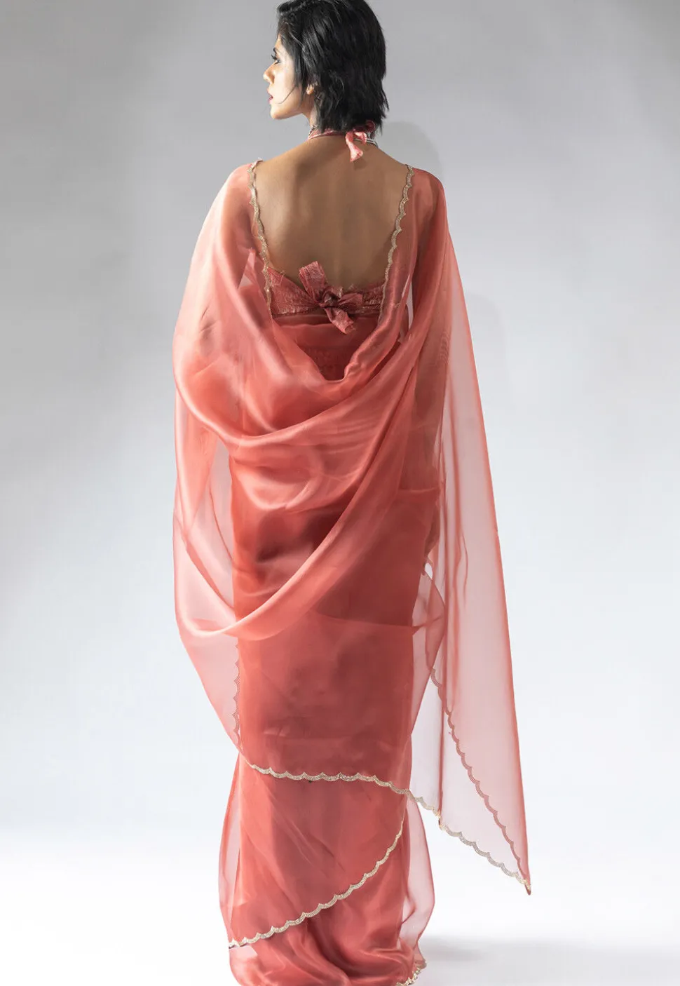 Pre Stitched Tissue Silk Saree in Peach