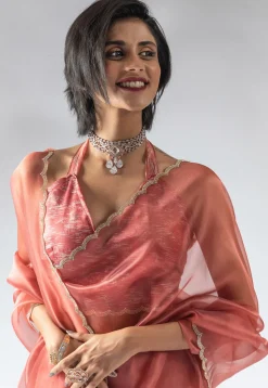 Pre Stitched Tissue Silk Saree in Peach