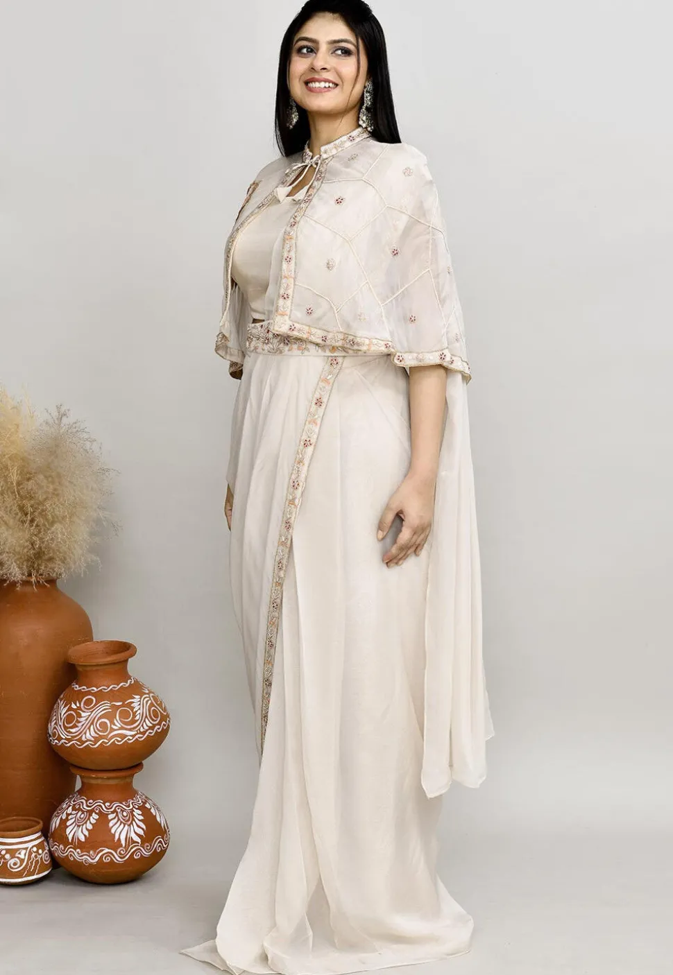 Pre Stitched Viscose Georgette Saree in Off White