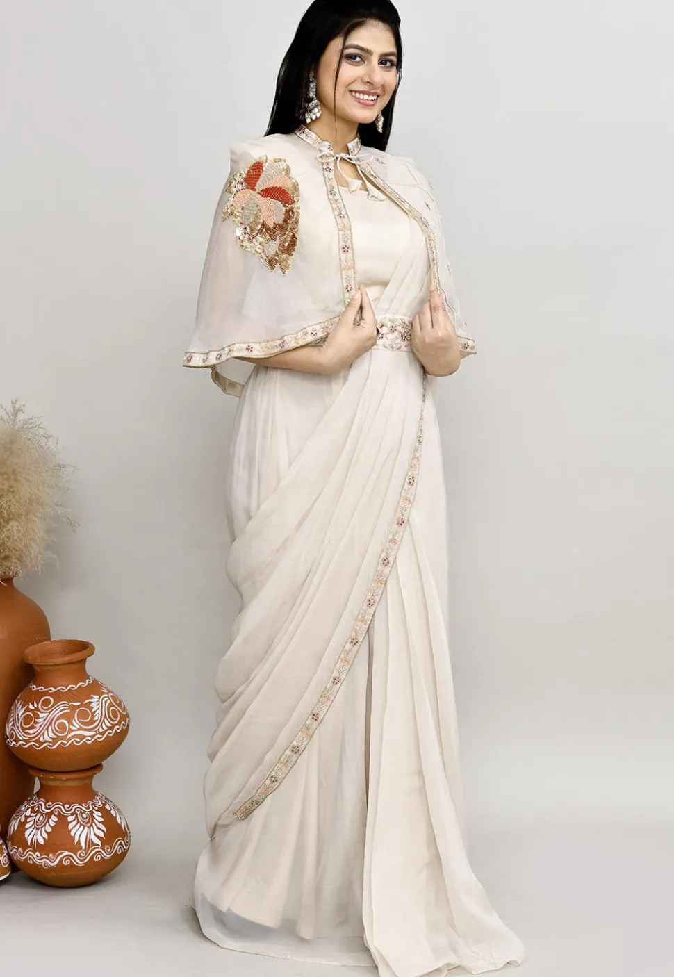 Pre Stitched Viscose Georgette Saree in Off White
