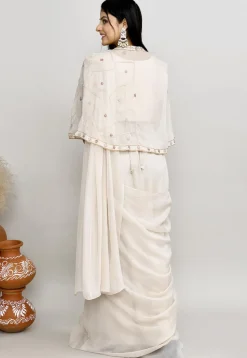 Pre Stitched Viscose Georgette Saree in Off White