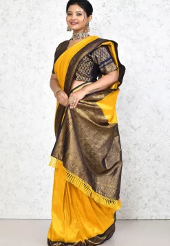 Pre-stitched Art Silk Jacquard Saree in Yellow