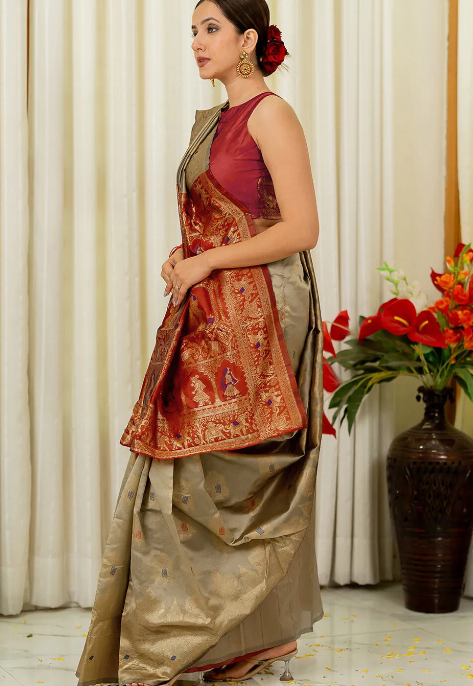 Pre-stitched Art Silk Saree in Fawn