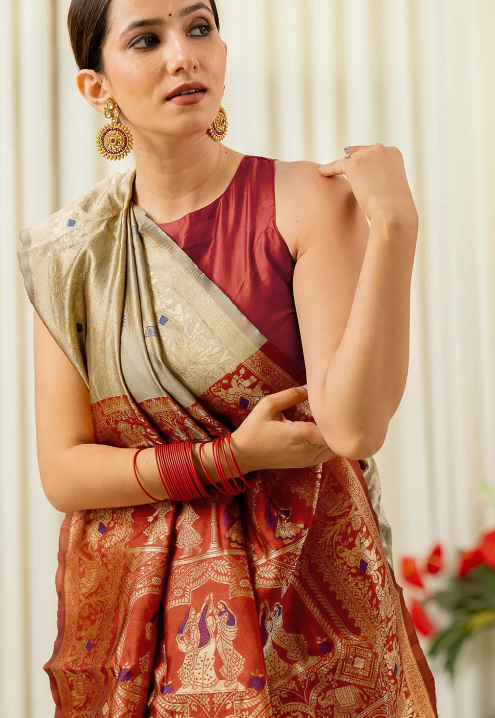 Pre-stitched Art Silk Saree in Fawn