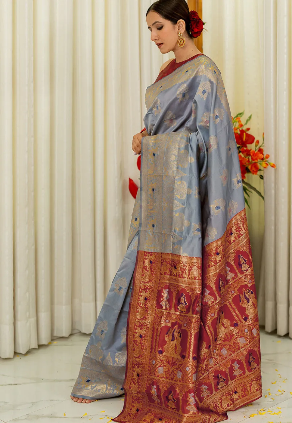 Pre-stitched Art Silk Saree in Light Blue