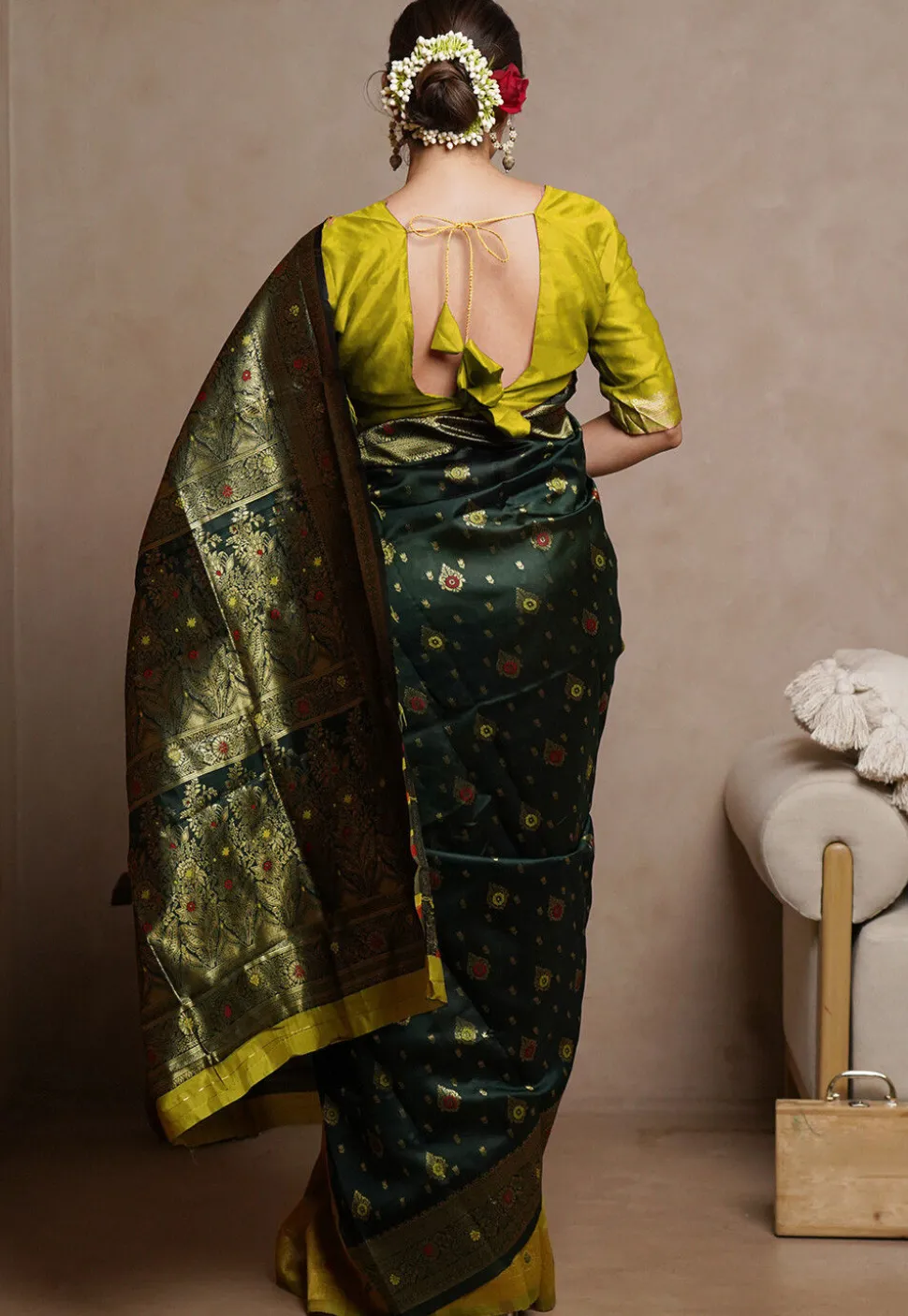 Pre-stitched Art Silk Saree in Dark Green and Light Green