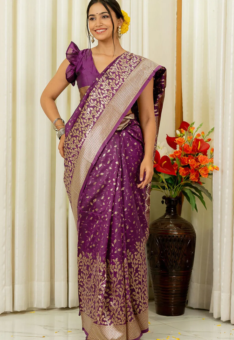 Pre-stitched Art Silk Saree in Purple