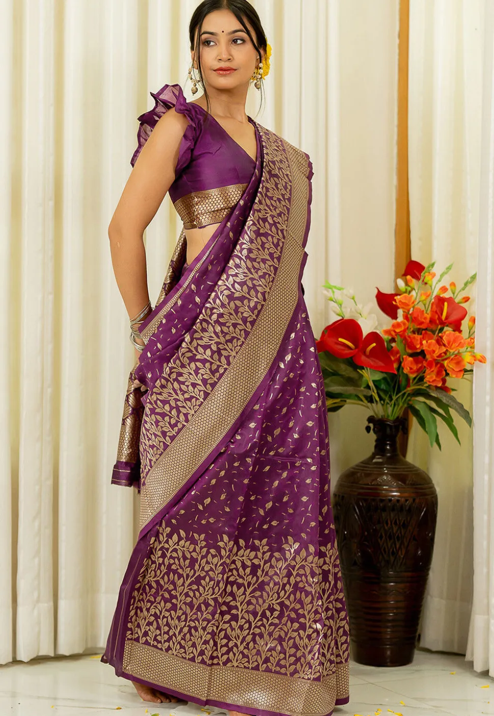 Pre-stitched Art Silk Saree in Purple