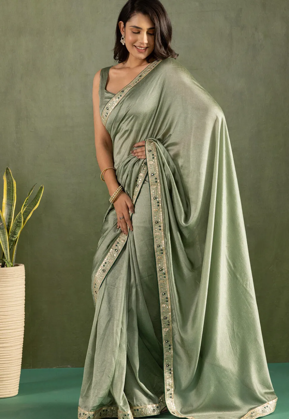 Pre-stitched Art Silk Saree in Pastel Green