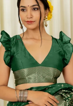 Pre-stitched Art Silk Saree in Dark Green