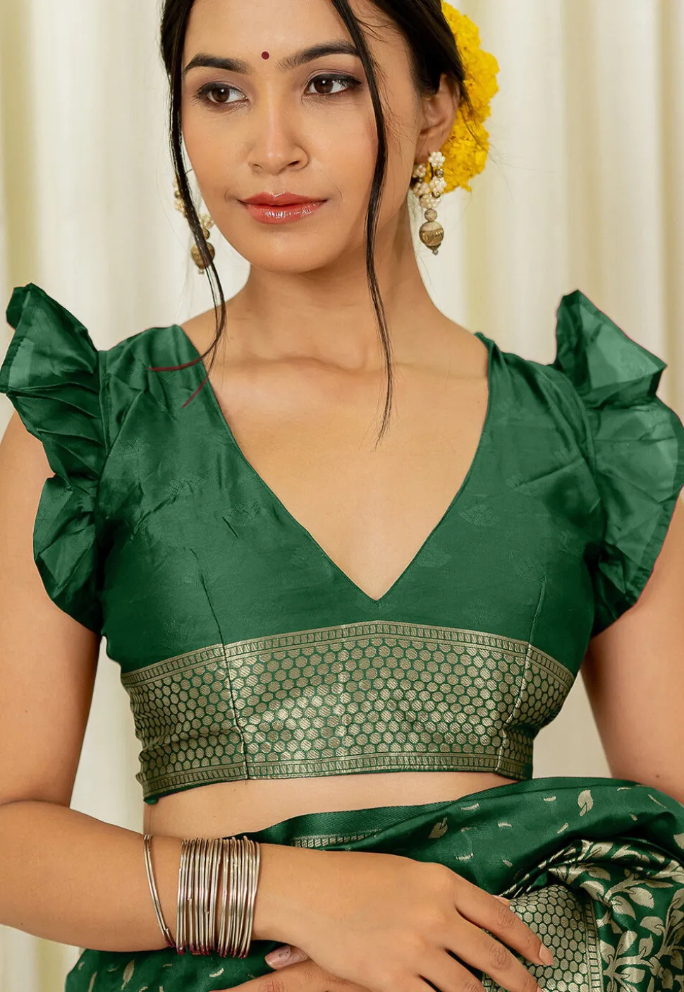 Pre-stitched Art Silk Saree in Dark Green