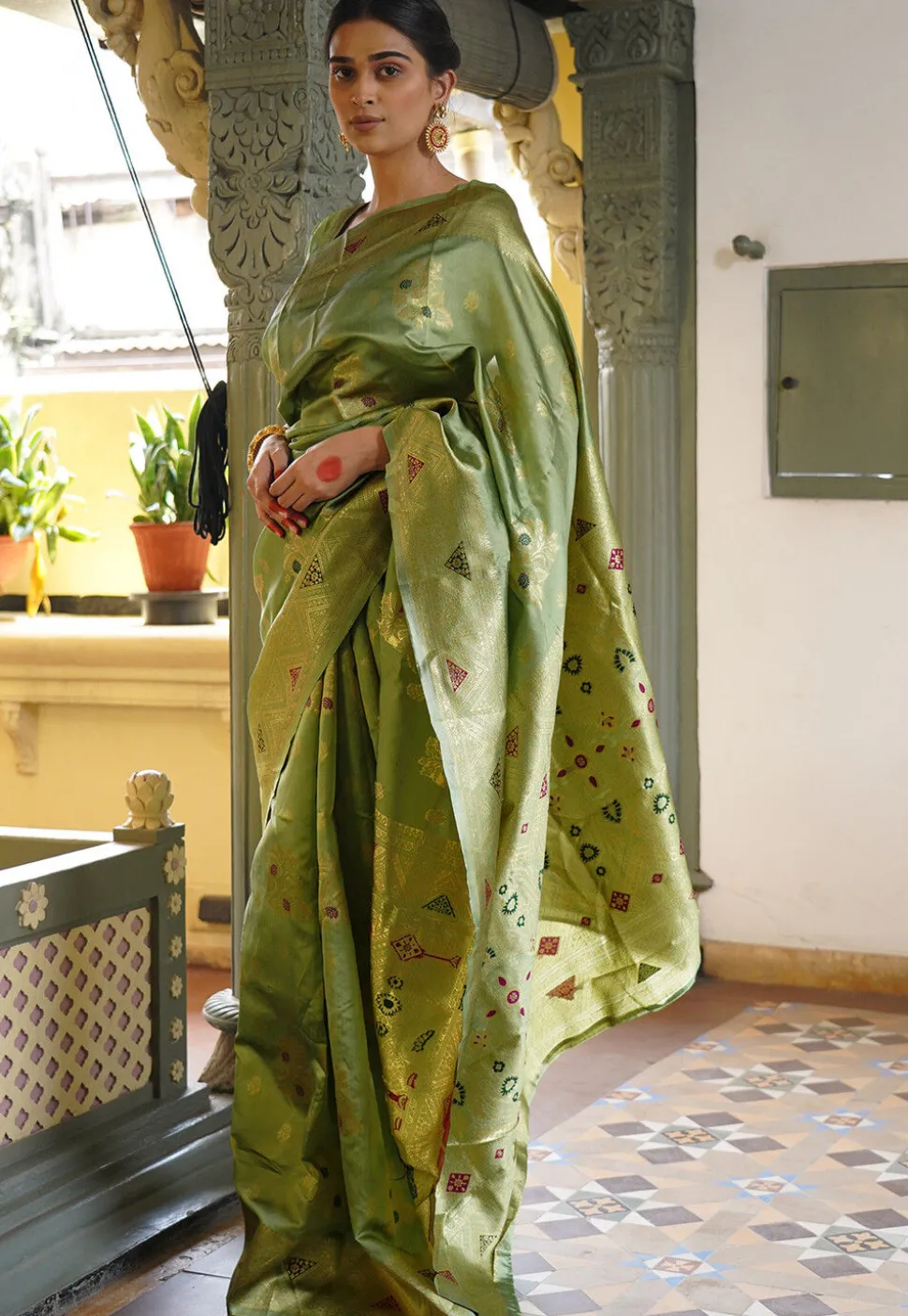 Pre-stitched Art Silk Saree in Dusty Green
