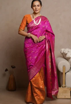 Pre-stitched Art Silk Saree in Fuchsia and Orange