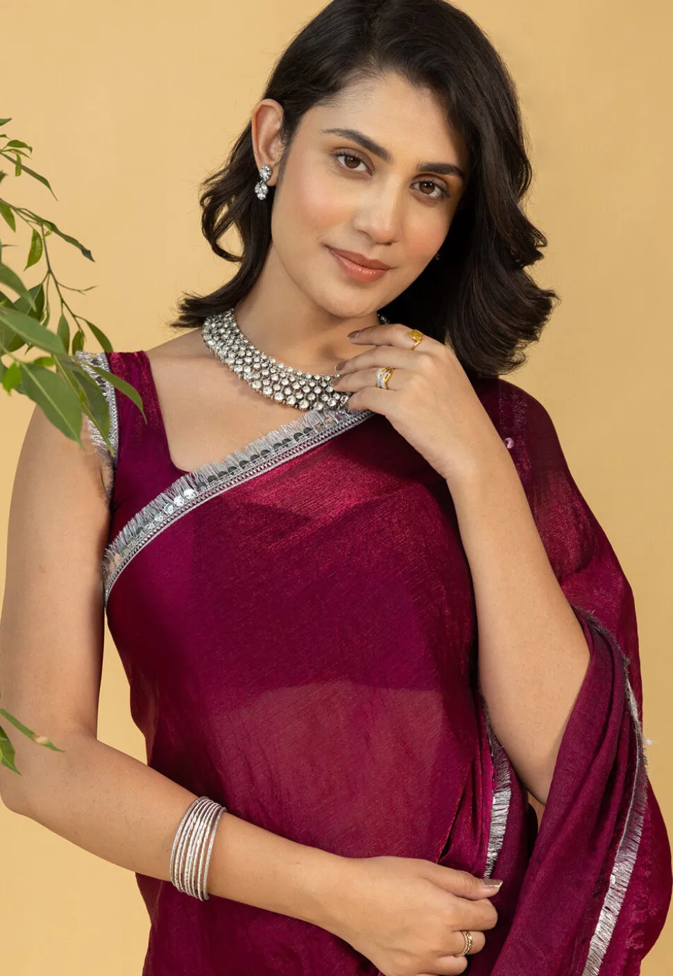 Pre-stitched Chiffon Saree in Fuchsia