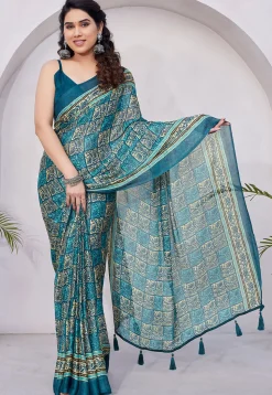 Pre-stitched Chiffon Saree in Teal Blue
